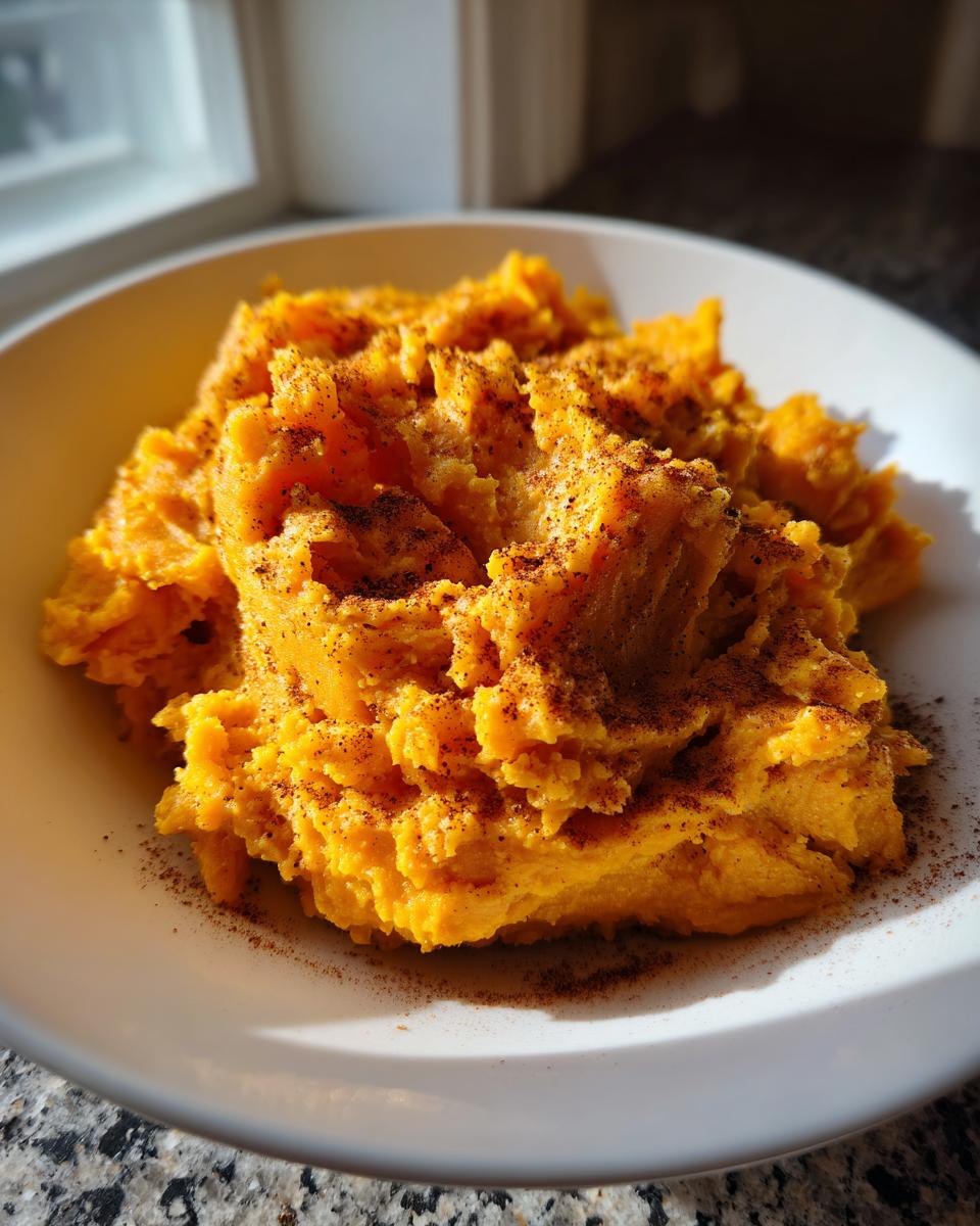 A close-up of fluffy mashed sweet potatoes topped generously with ground cinnamon in a white bowl.