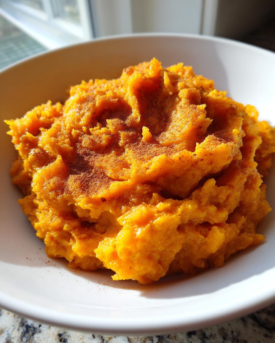 A close-up of creamy, vibrant orange mashed sweet potatoes sprinkled with cinnamon in a white bowl.