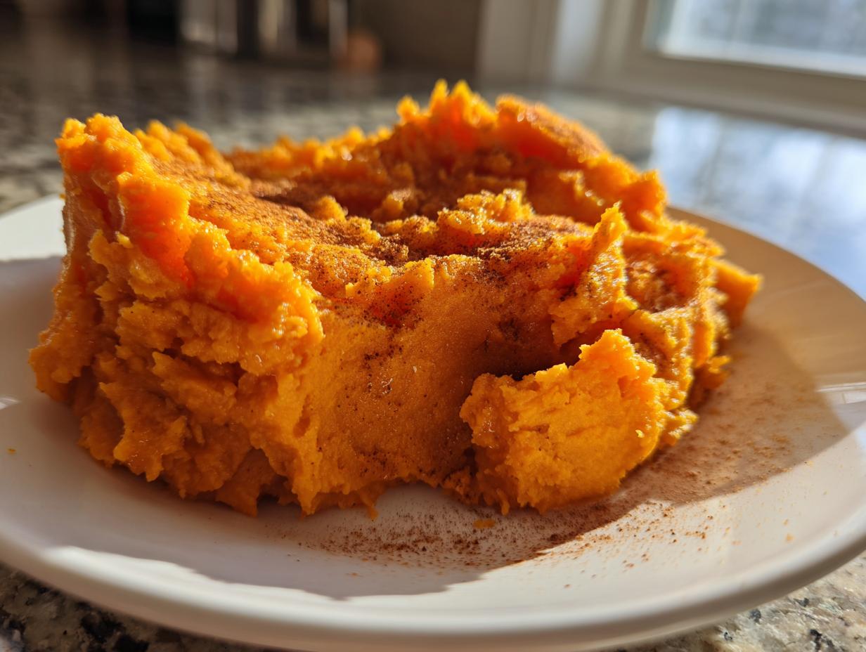 A serving of vibrant orange mashed sweet potatoes dusted with cinnamon on a white plate.