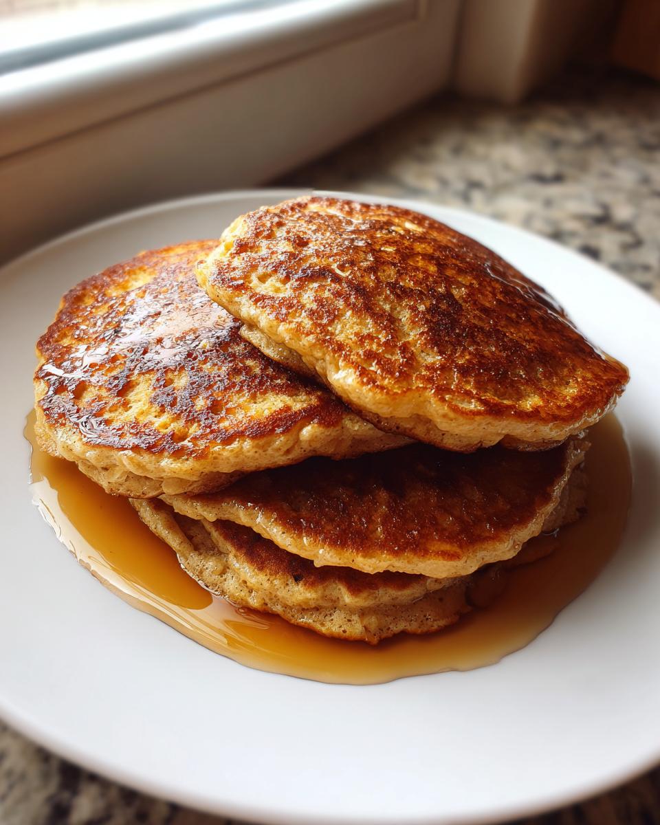 A stack of four golden brown oatmeal pancakes drizzled generously with maple syrup on a white plate.