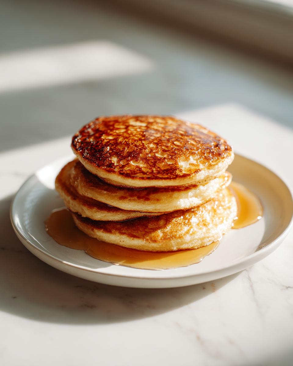 A stack of three golden brown oatmeal pancakes drizzled with maple syrup on a white plate.