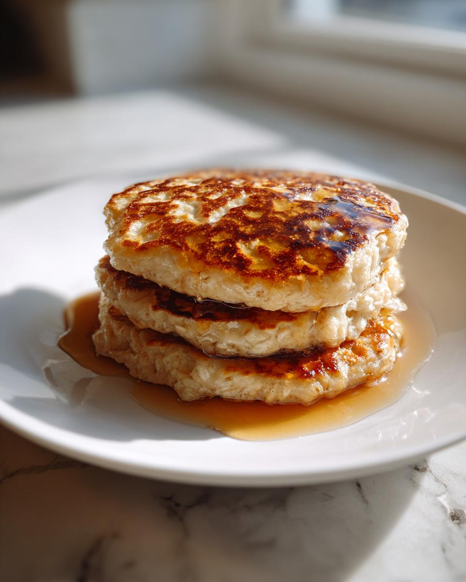 A stack of three golden brown oatmeal pancakes drizzled generously with maple syrup on a white plate.