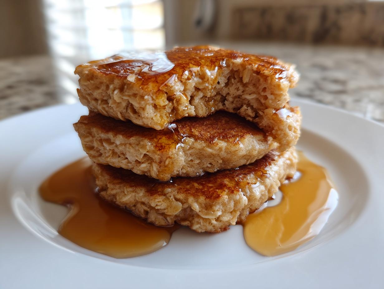 Close-up of a stack of three fluffy oatmeal pancakes drizzled generously with maple syrup.