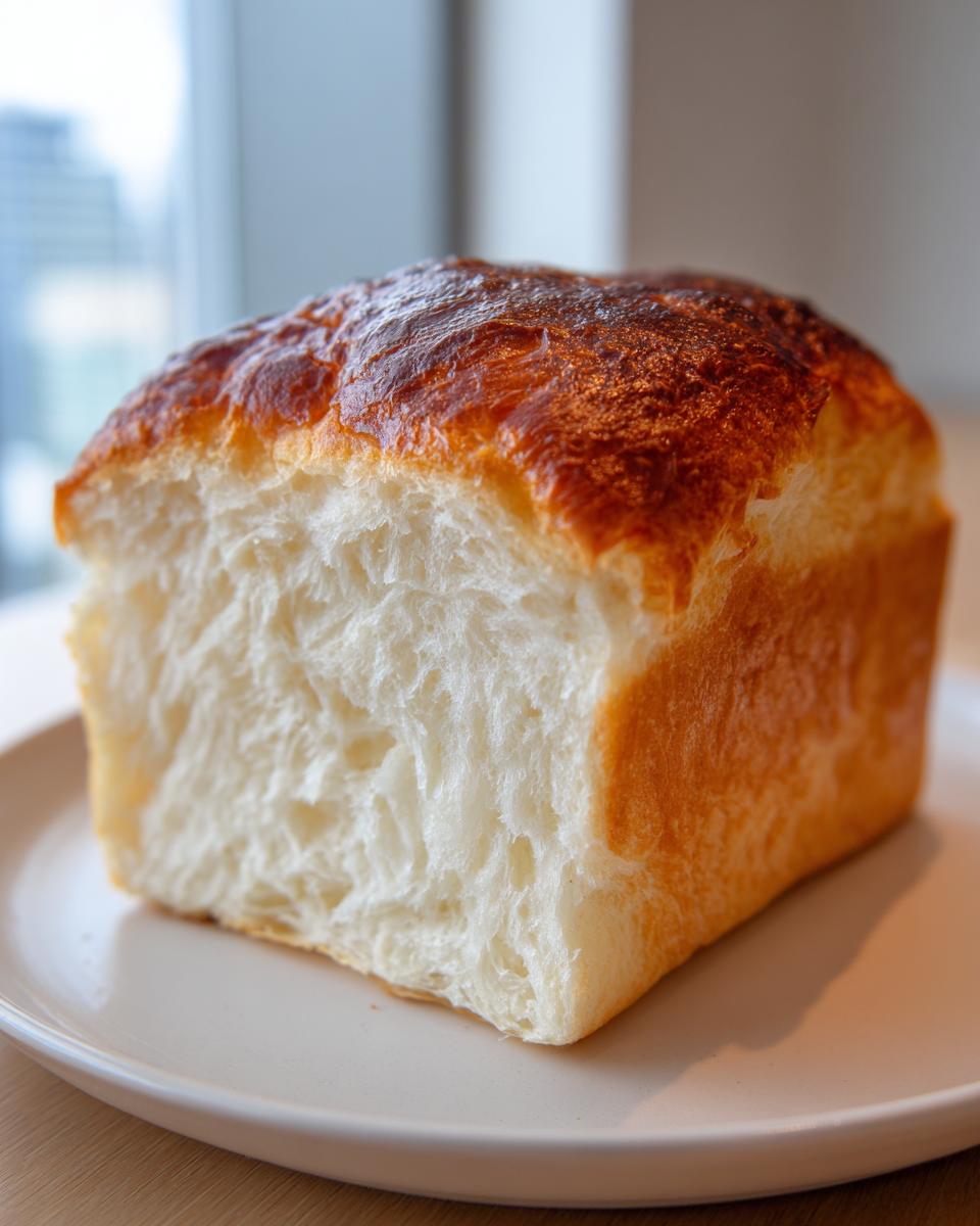 A close-up of a thick slice of incredibly soft japanese milk bread showing its fluffy white interior and golden-brown top crust.