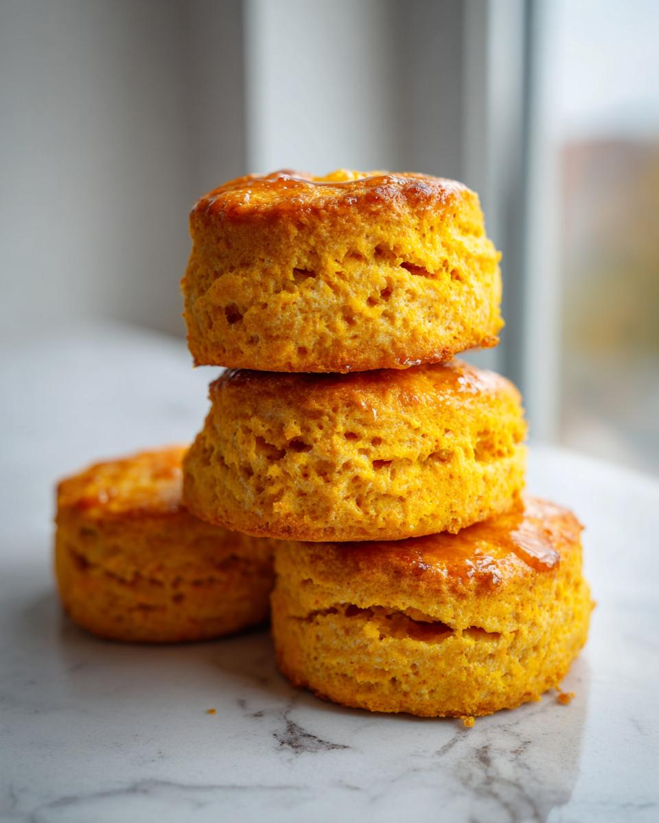 A stack of three golden-orange sweet potato biscuits, shiny with a glaze, resting on a white marble surface.