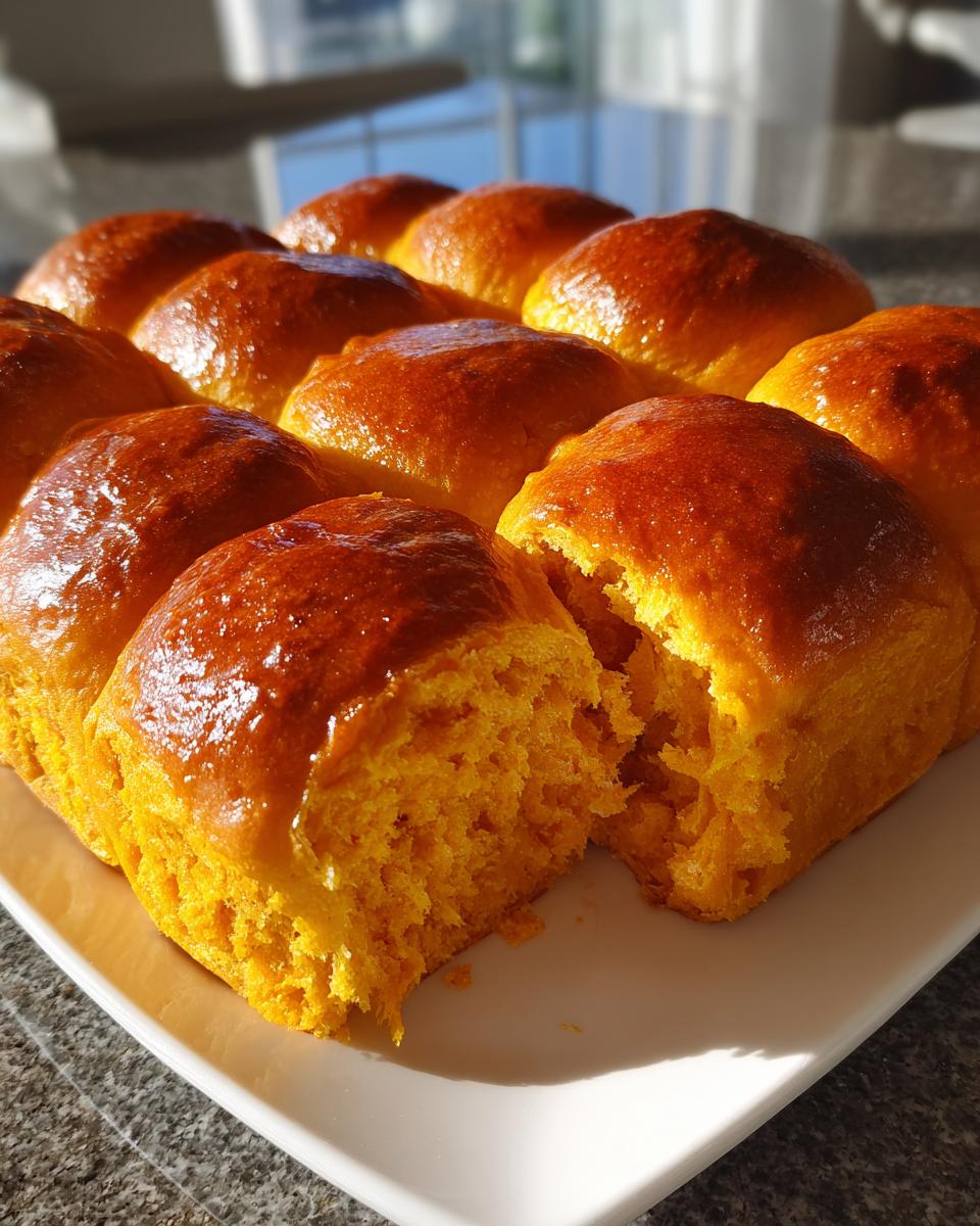 Close-up of fluffy, bright orange sweet potato rolls with a shiny glaze, one roll pulled apart.