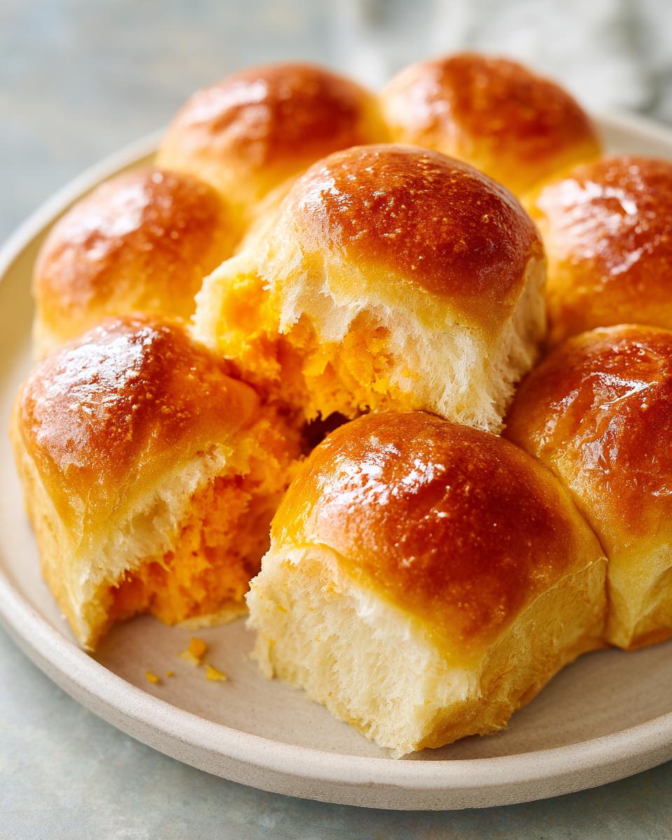 Close-up of fluffy sweet potato rolls, one broken open revealing the bright orange sweet potato filling.