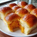Close-up of fluffy sweet potato rolls, one broken open to show the vibrant orange sweet potato filling.