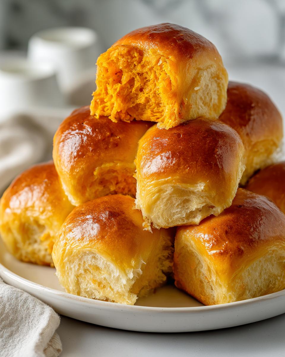 A stack of golden brown, fluffy sweet potato rolls piled high on a white plate, one roll torn open showing the orange interior.