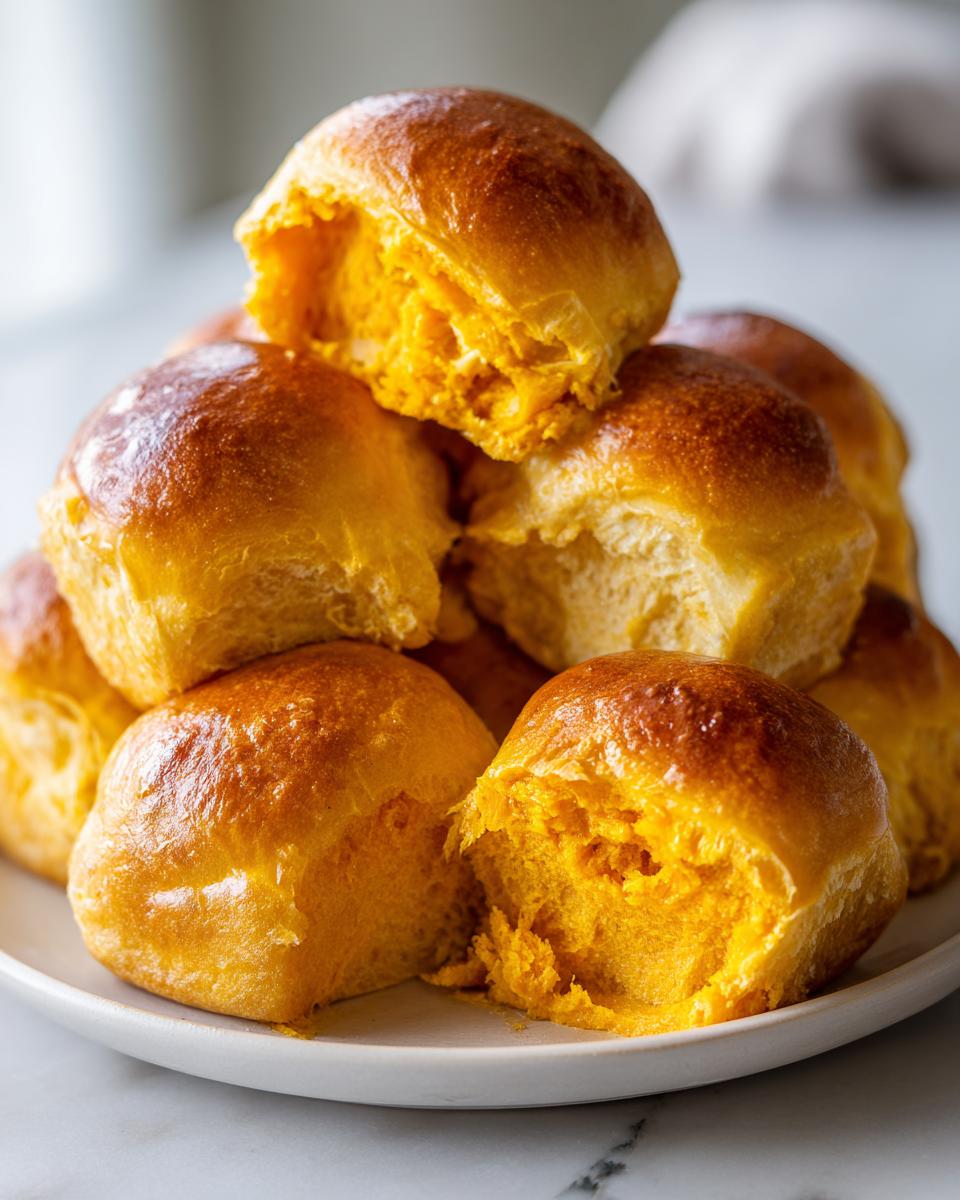 A stack of golden-brown, fluffy sweet potato rolls piled high on a white plate, one roll is torn open showing the vibrant orange interior.