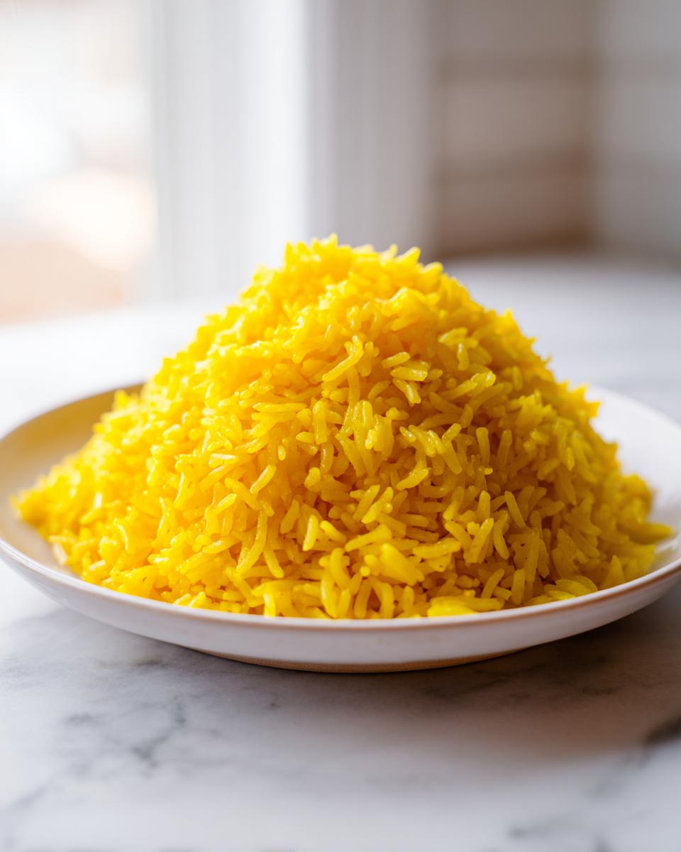 A perfectly mounded serving of bright yellow turmeric rice on a white plate, set on a marble surface.