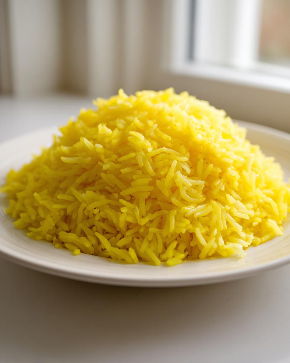 A mound of bright yellow turmeric rice served on a white plate, ready to eat.
