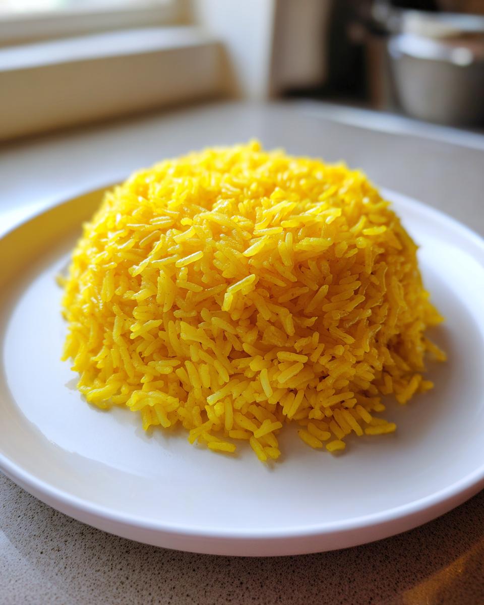 A mound of bright yellow, fluffy turmeric rice served on a white plate, ready to eat.