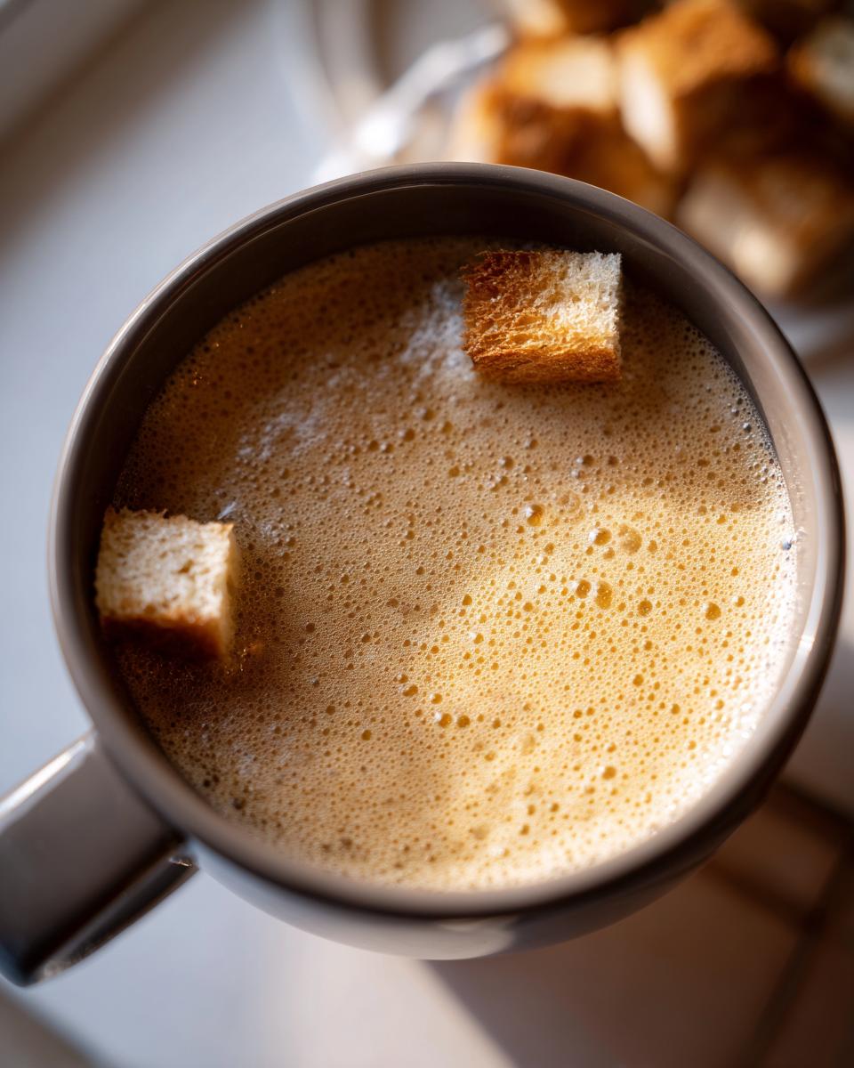 Overhead view of rich, foamy cheese fondue in a dark mug with two croutons ready for dipping.