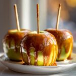 Three glossy green apples covered in dripping caramel, ready to eat, showcasing the perfect caramel apple treat.