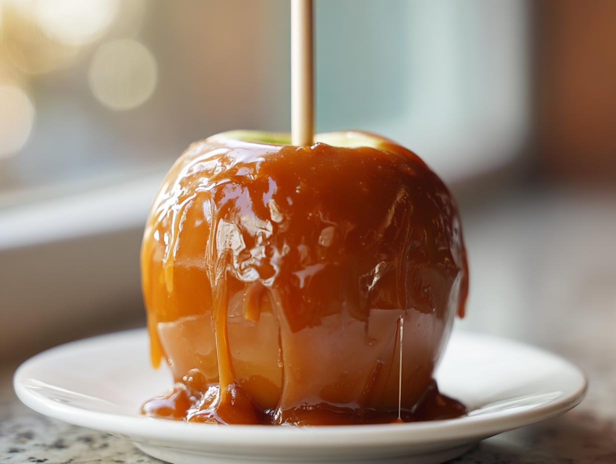 A glossy, freshly made caramel apple on a stick, sitting on a white plate with dripping caramel.
