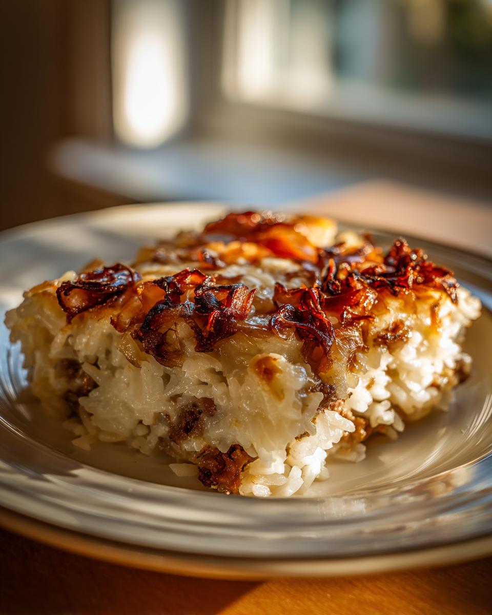 A close-up serving of french onion butter rice, featuring creamy rice, meat/sauce, and topped with dark, crispy caramelized onions.