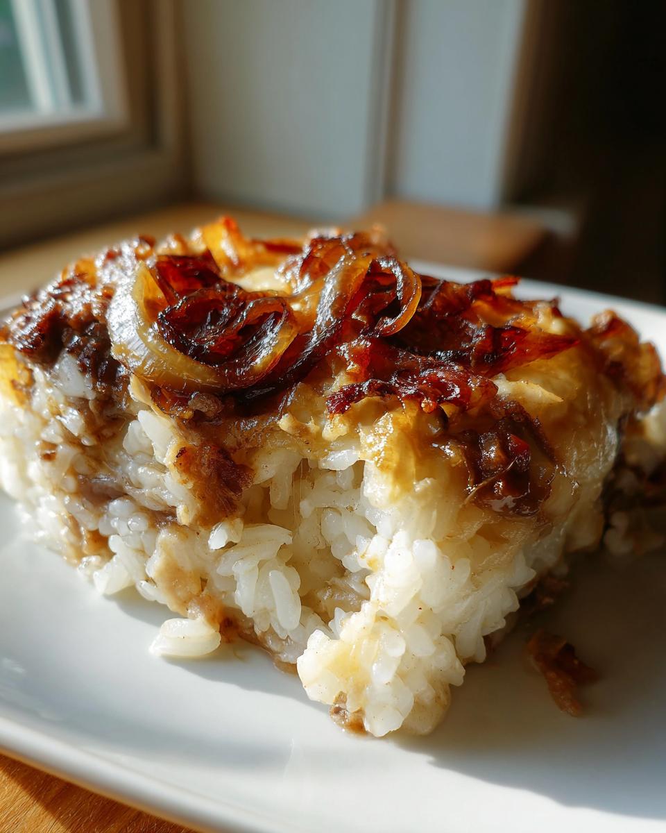Close-up of a square serving of french onion butter rice topped with deeply caramelized onions.