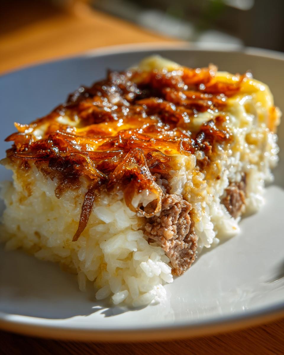 A close-up slice of french onion butter rice layered with ground beef and topped with caramelized onions.