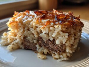 A square serving of french onion butter rice layered over shredded beef, topped with caramelized onions.