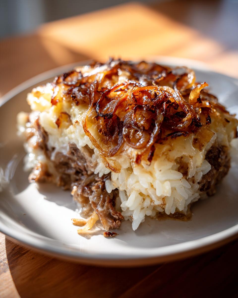 A close-up slice of rich french onion butter rice layered with meat and topped with caramelized onions.