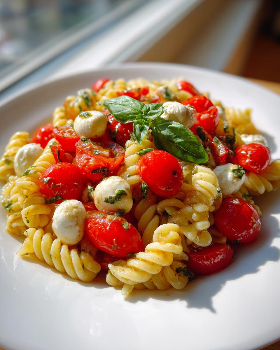 A close-up of a serving of caprese pasta salad featuring fusilli pasta, bright red cherry tomatoes, and small mozzarella balls.