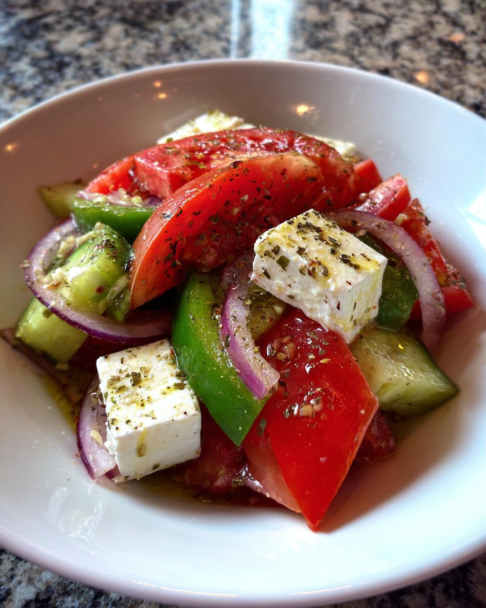 Close-up of a vibrant greek salad featuring large chunks of tomato, cucumber, red onion, green pepper, and feta cheese seasoned with herbs.