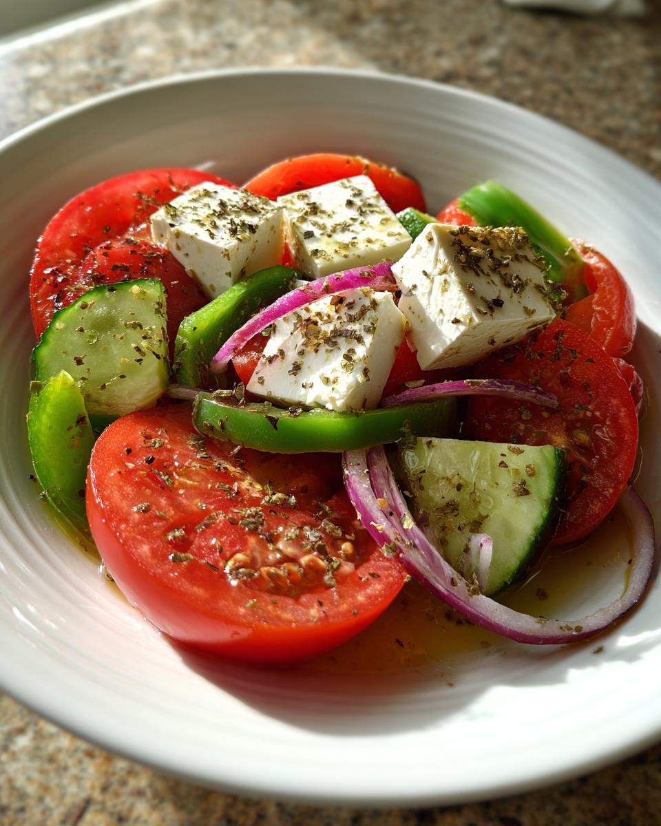 Close-up of a vibrant greek salad featuring thick slices of tomato, cucumber, green pepper, red onion, and cubes of feta cheese sprinkled with oregano.