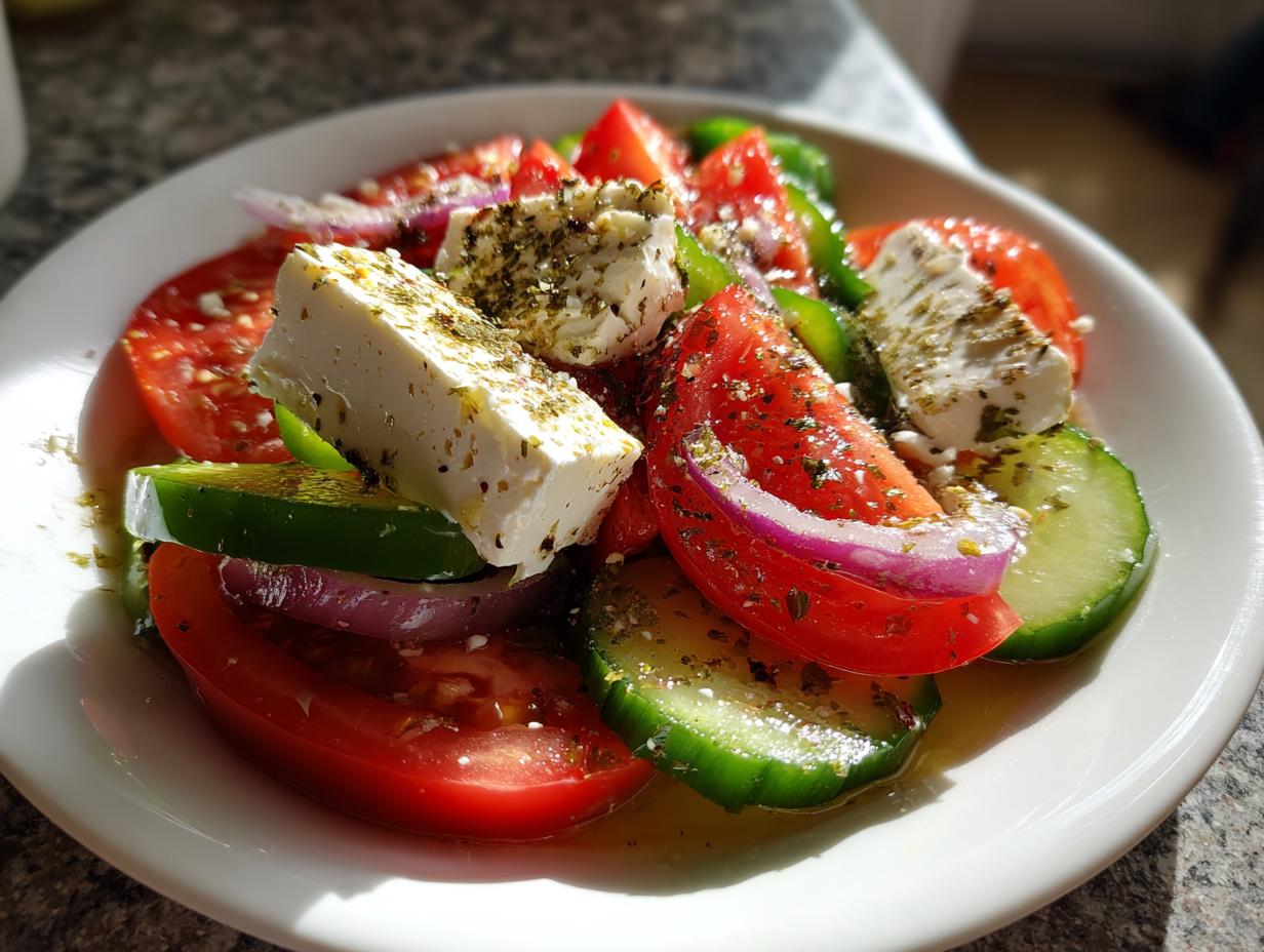 Close-up of a vibrant greek salad featuring large chunks of feta, tomatoes, cucumbers, red onion, and green pepper, seasoned with herbs.