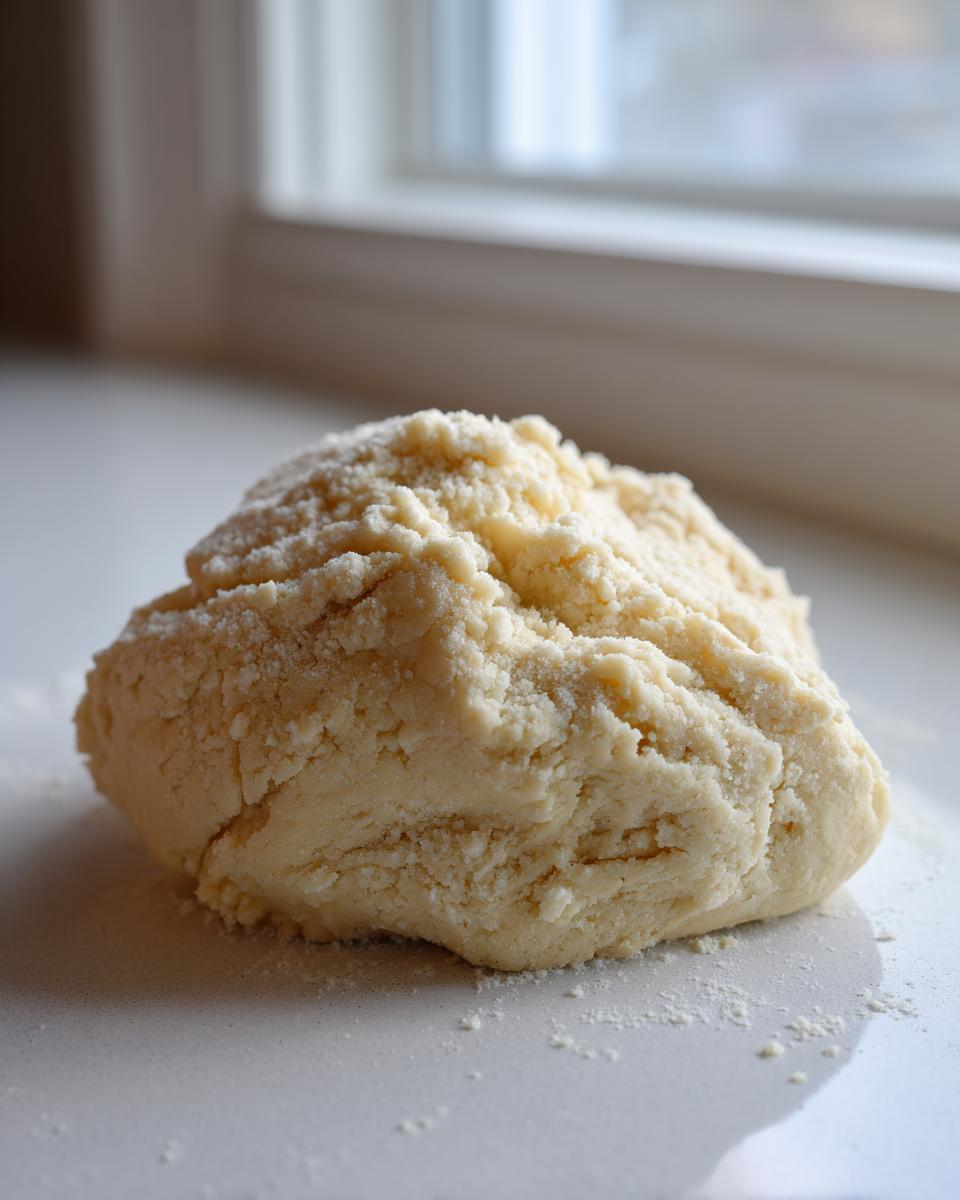 A mound of pale yellow, slightly crumbly dough, likely fresh marzipan recipe mixture, resting on a white countertop near a window.