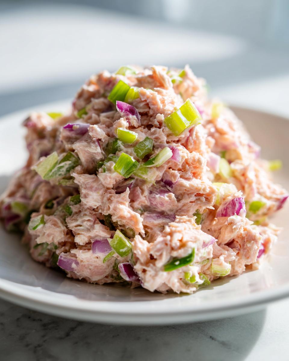 A mound of creamy salmon salad mixed with diced red onion and celery on a white plate.