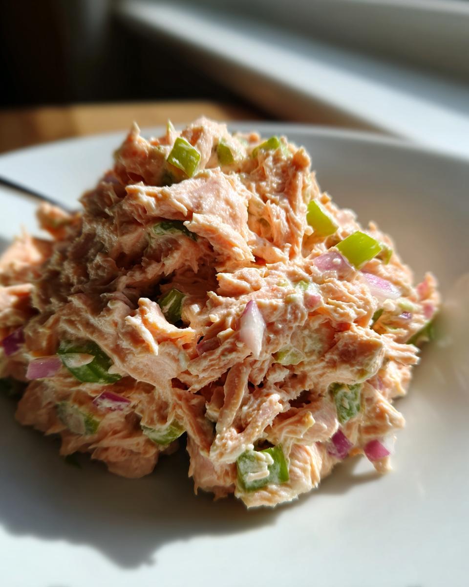 A mound of creamy, shredded salmon salad mixed with diced green celery and red onion, served on a white plate.