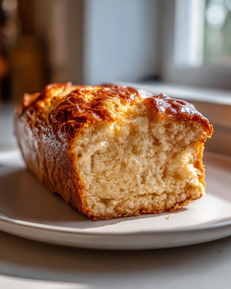 A close-up view of a golden-brown, glossy-topped beer bread loaf sliced open on a white plate.