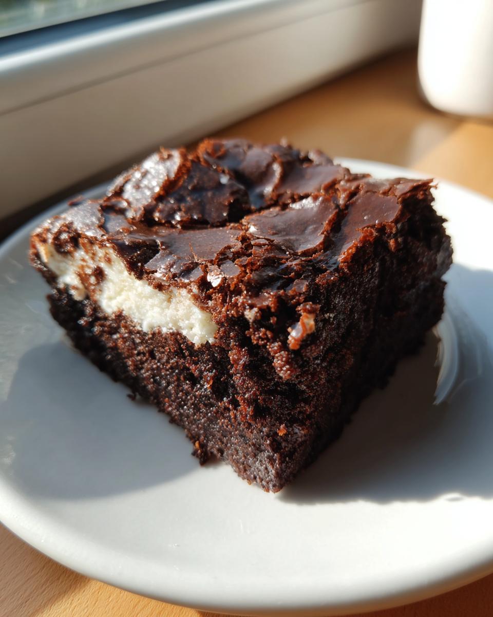 A fudgy chocolate brownie square with a white cream cheese layer, sitting on a white plate.