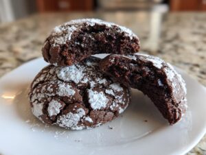 Three rich, fudgy chocolate crinkle cookies dusted heavily with powdered sugar, one broken open to show the texture.