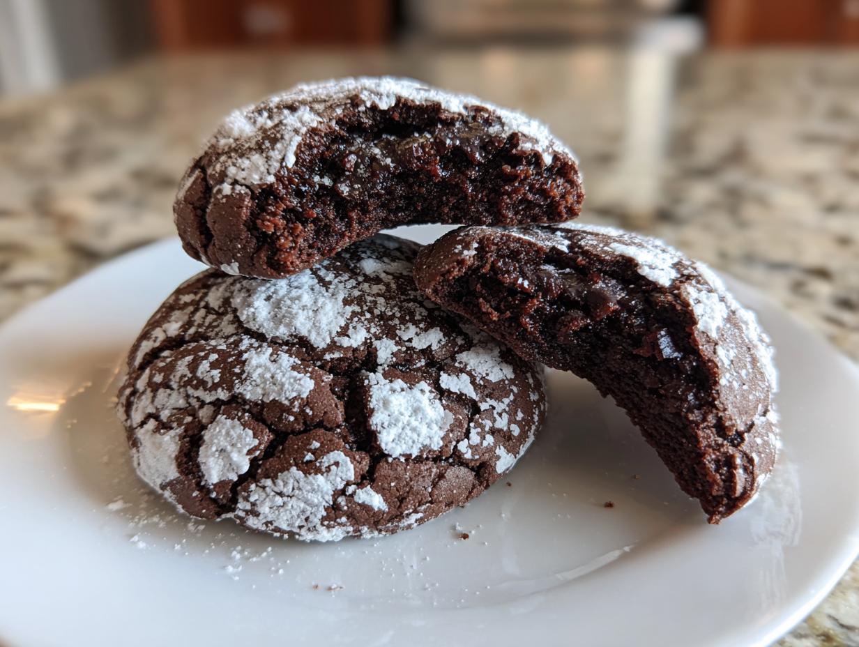 Three rich, fudgy chocolate crinkle cookies dusted heavily with powdered sugar, one broken open to show the texture.