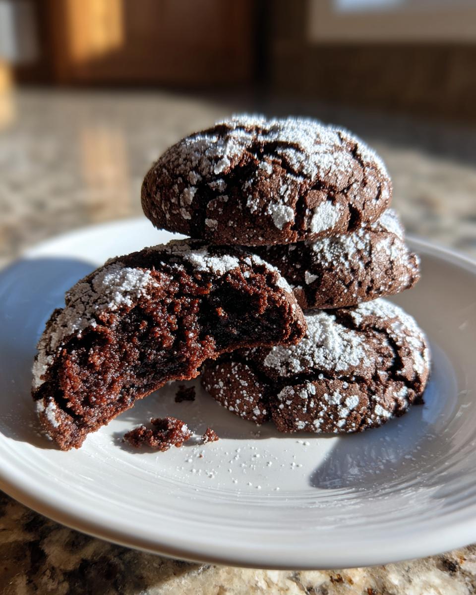 A stack of rich, dark chocolate crinkle cookies dusted heavily with powdered sugar, one broken open to show the fudgy interior.