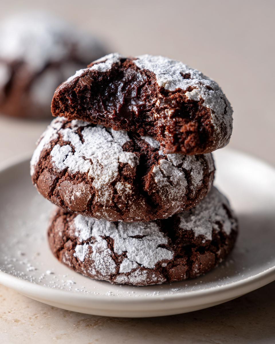 Three rich chocolate crinkle cookies stacked, with the top one broken open revealing a fudgy interior.