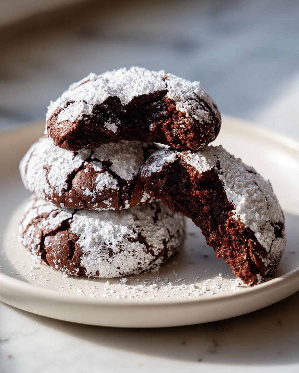 A stack of three rich, dark chocolate crinkle cookies generously dusted with powdered sugar, one cookie broken open.