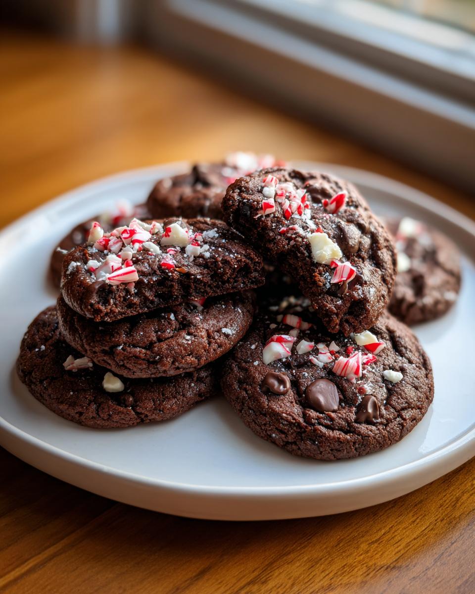 A stack of fudgy chocolate peppermint cookies topped with crushed candy canes on a white plate.