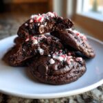 A stack of fudgy chocolate peppermint cookies, one broken open to show a gooey center and topped with crushed candy canes.