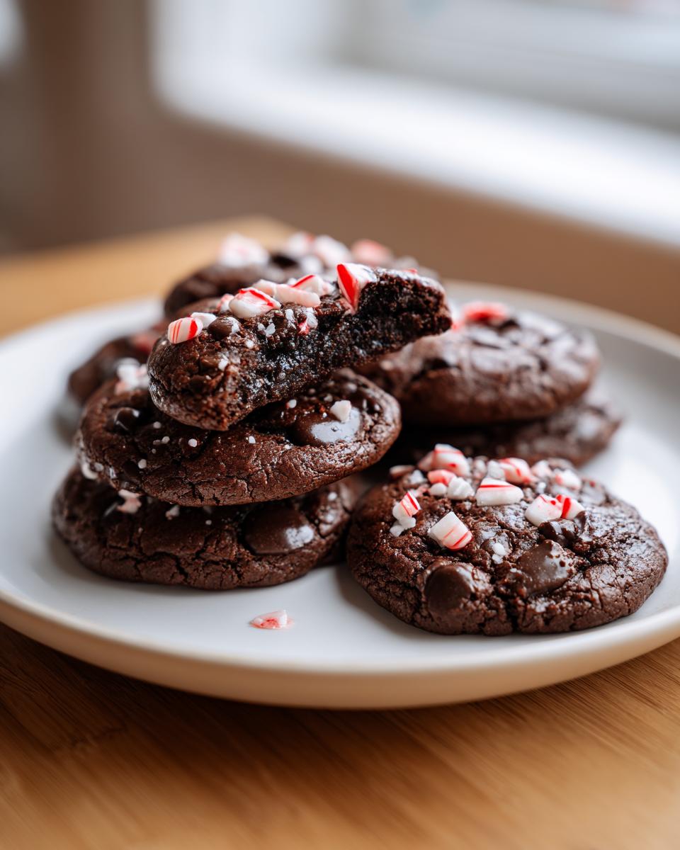 Close-up of fudgy chocolate peppermint cookies stacked on a white plate, one cookie broken open showing the soft interior.