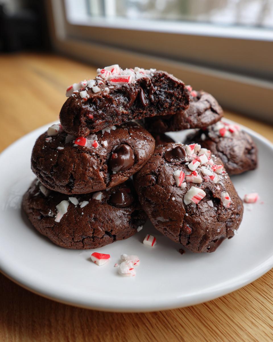 A stack of fudgy chocolate peppermint cookies topped with crushed candy canes on a white plate.