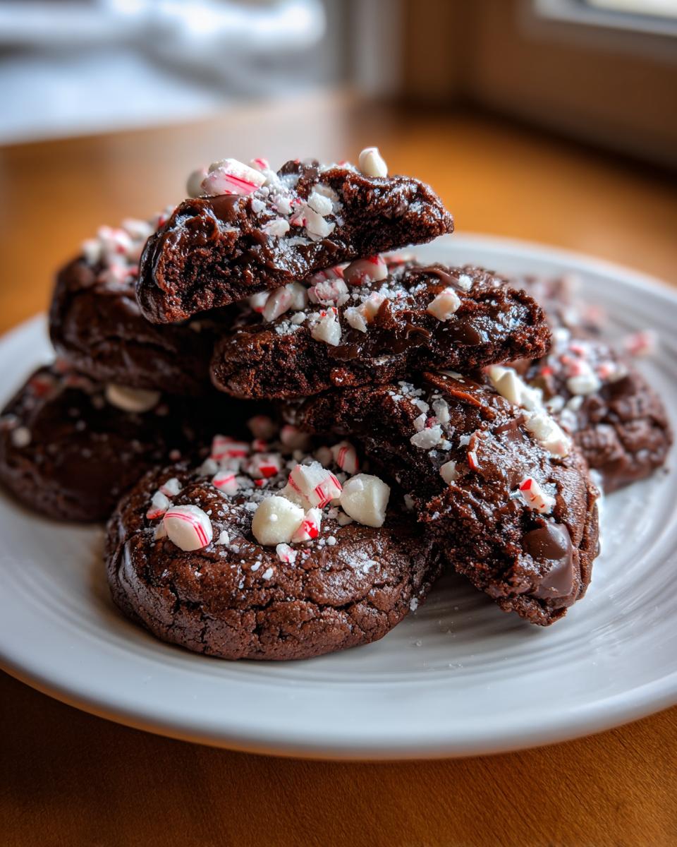 Stack of fudgy chocolate peppermint cookies topped with crushed candy canes and white chocolate chips.