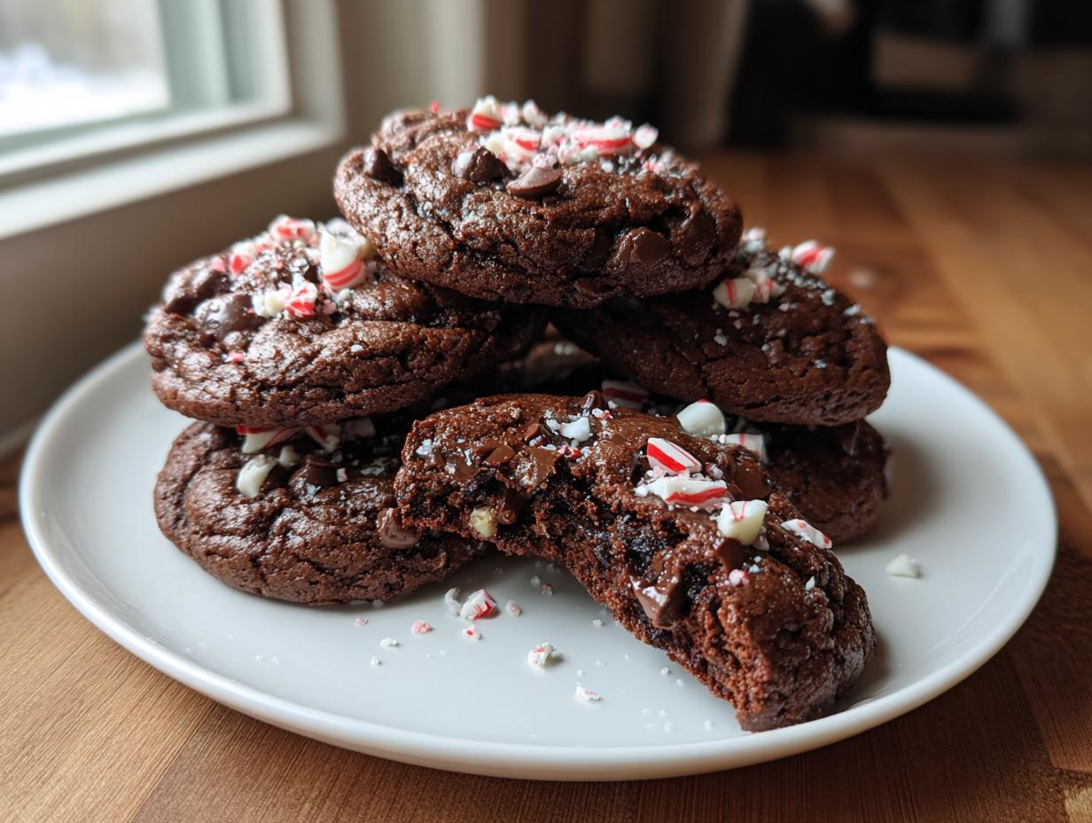 A stack of fudgy chocolate peppermint cookies topped with crushed candy canes on a white plate.