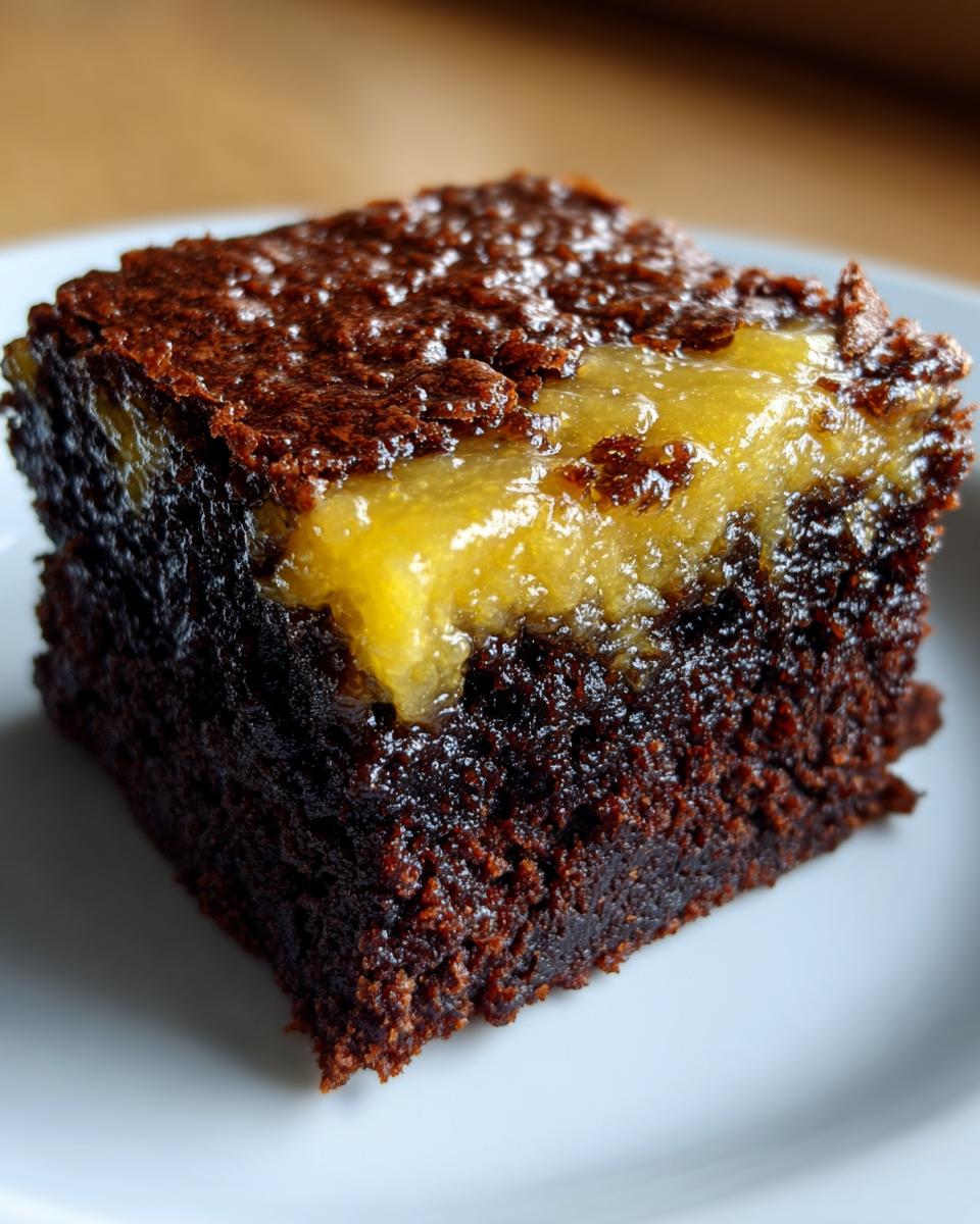 Close-up of a fudgy, dark chocolate lemon brownie square topped with a layer of bright yellow lemon curd.