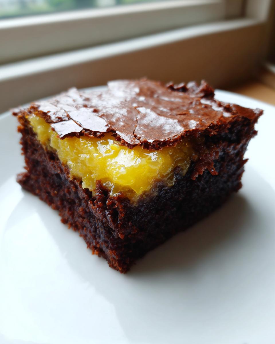 A single square of fudgy lemon brownies showing a dark chocolate base and a bright yellow lemon filling layer.