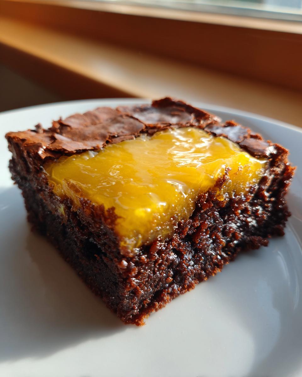 Close-up of a fudgy chocolate lemon brownies square with a bright, glossy yellow lemon topping.