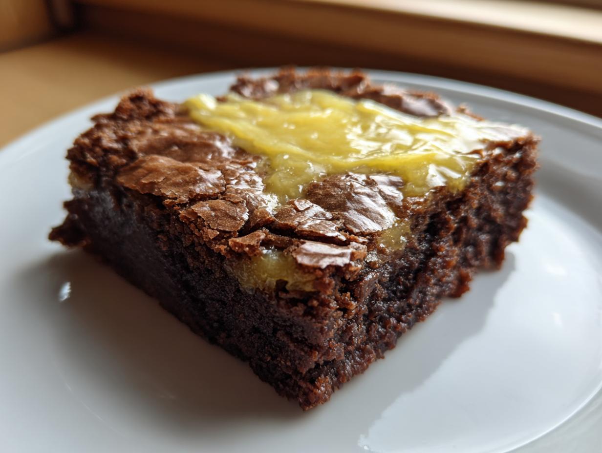 A fudgy square of chocolate brownie topped with a swirl of bright yellow lemon filling, served on a white plate.
