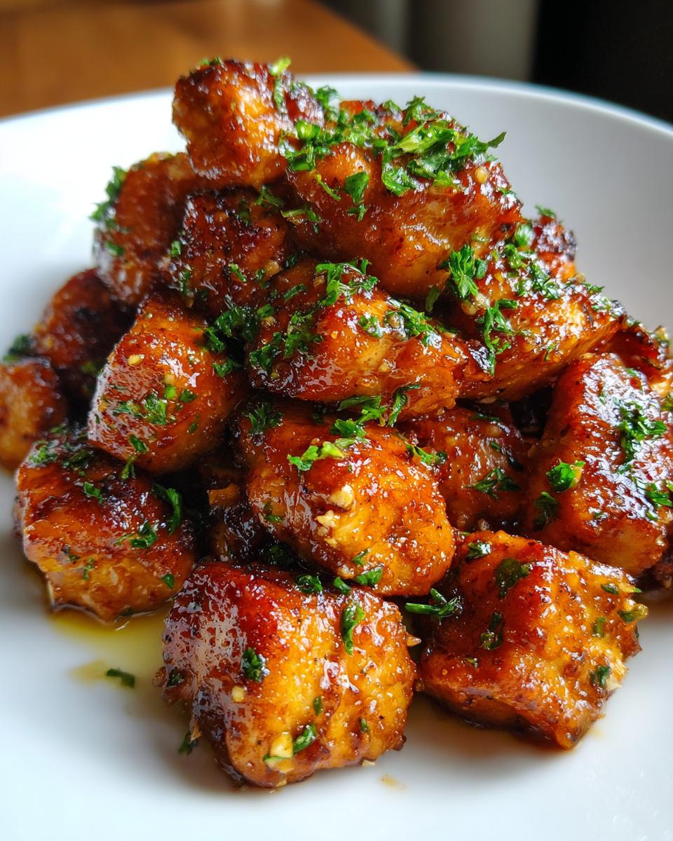 Close-up of a mound of glistening, glazed garlic butter chicken bites topped with fresh chopped parsley.
